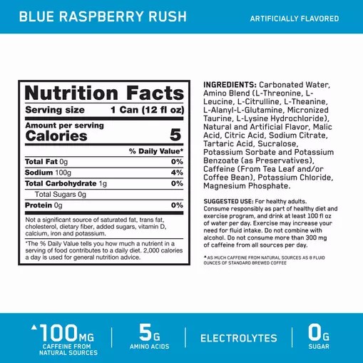 Optimum Nutrition ESSENTIAL AMIN.O. ENERGY+ Electrolytes Sparkling *new* Blue Raspberry Rush 355ml * 12 Cans (12 Servings) Pakistan | 196-CWNYXS