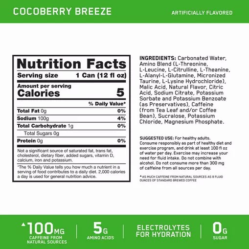 Optimum Nutrition ESSENTIAL AMIN.O. ENERGY+ Electrolytes Sparkling *new* Cocoberry Breeze 355ml * 12 Cans (12 Servings) Pakistan | 604-HQVRMO