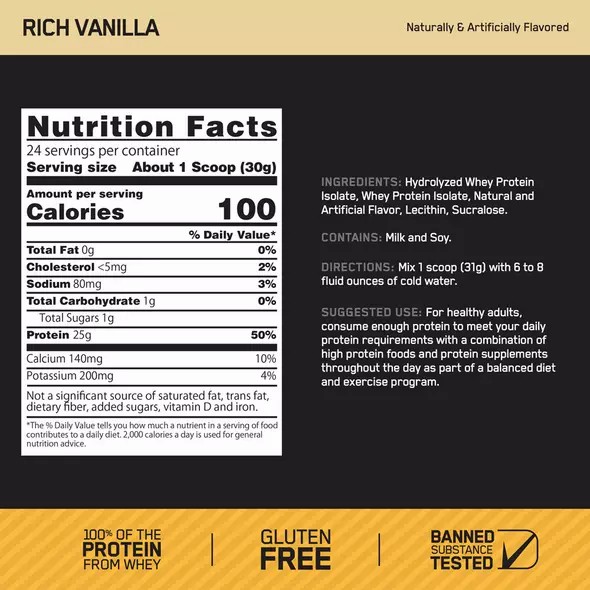 Optimum Nutrition GOLD STANDARD® 100% Isolate Rich Vanilla 2.91 lb (44 Servings) Pakistan | 685-UGAPCI