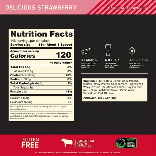 Optimum Nutrition GOLD STANDARD 100% WHEY™ Delicious Strawberry 10 lb (146 Servings) Pakistan | 924-QHZCMO