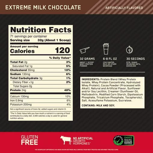 Optimum Nutrition GOLD STANDARD 100% WHEY™ Extreme Milk Chocolate 5 lb (71 Servings) Pakistan | 608-LGQSYU