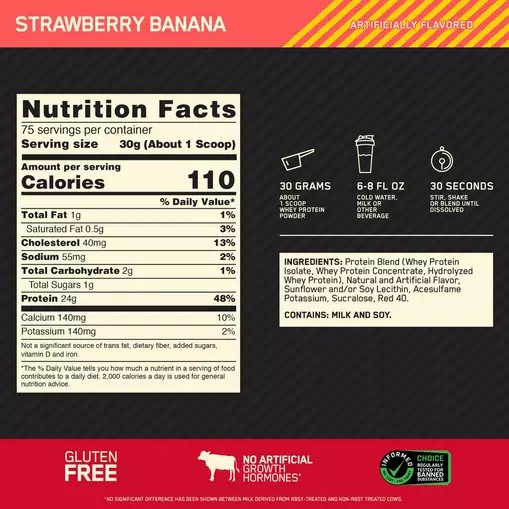 Optimum Nutrition GOLD STANDARD 100% WHEY™ Strawberry Banana 5 lb (75 Servings) Pakistan | 976-BAVKOF