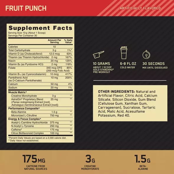 Optimum Nutrition GOLD STANDARD® Pre-Workout Fruit Punch 0.66 lb (30 Servings) Pakistan | 932-JTXHDP