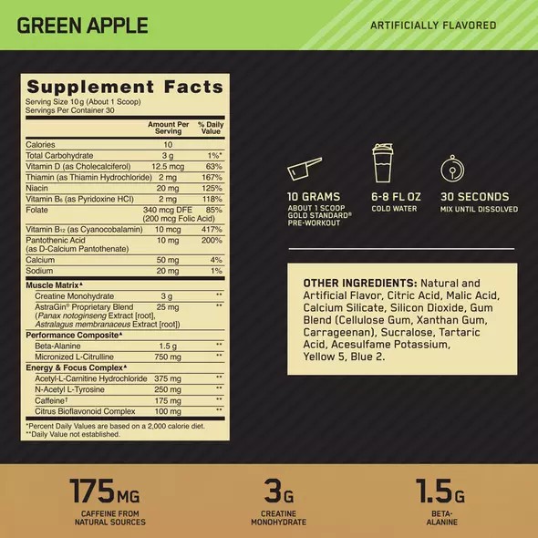 Optimum Nutrition GOLD STANDARD® Pre-Workout Green Apple 0.66 lb (30 Servings) Pakistan | 320-SGODJQ