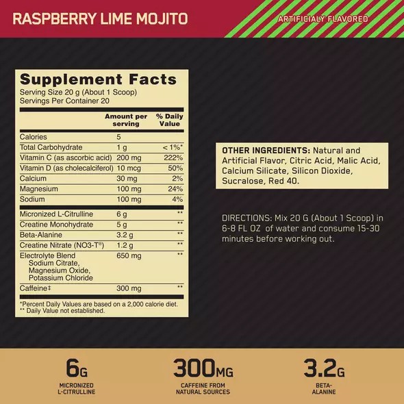 Optimum Nutrition GOLD STANDARD® Pre Advanced Raspberry Lime Mojito 0.88 lb (20 Servings) Pakistan | 847-IPUTAC