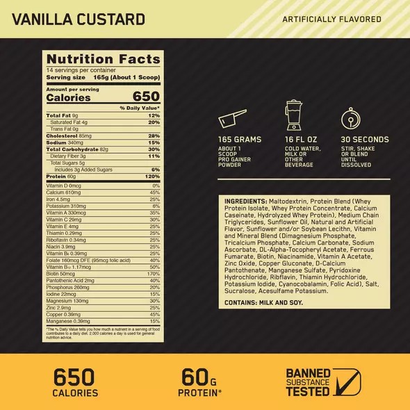 Optimum Nutrition GOLD STANDARD® Pro Gainer Vanilla Custard 10.19 lb (28 Servings) Pakistan | 038-YGOWPC