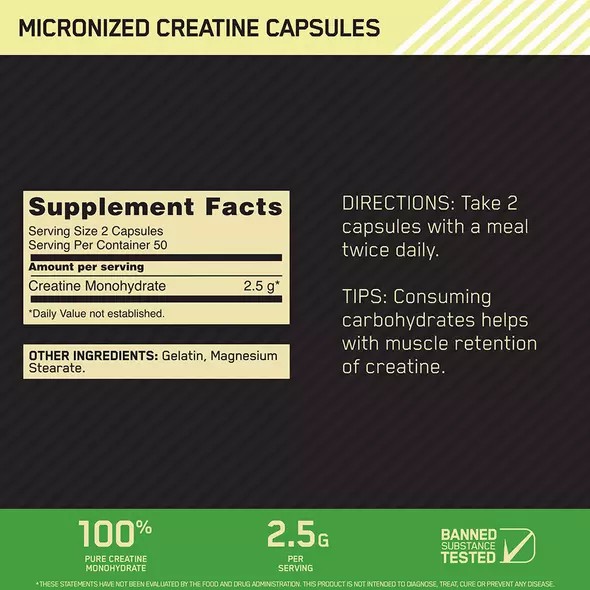 Optimum Nutrition Micronized Creatine Capsules 100 Capsules (50 Servings) Pakistan | 754-SGOPTI