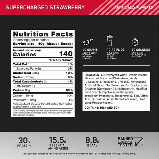 Optimum Nutrition PLATINUM HYDROWHEY™ Supercharged Strawberry 1.76 lb (20 Servings) Pakistan | 487-QCFKPX