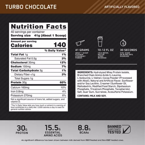 Optimum Nutrition PLATINUM HYDROWHEY™ Turbo Chocolate 3.61 lb (40 Servings) Pakistan | 016-LIBWKS