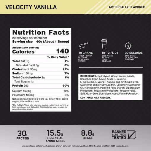 Optimum Nutrition PLATINUM HYDROWHEY™ Velocity Vanilla 1.76 lb (20 Servings) Pakistan | 351-OFRDLK