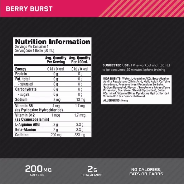 Optimum Nutrition Pure Pre 200 Pre-Workout Shot Berry 60ml (12 shots) Pakistan | 592-WFJZKP