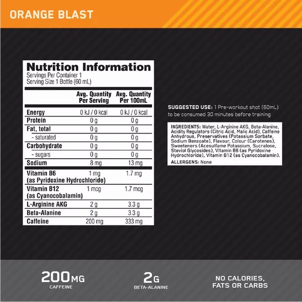 Optimum Nutrition Pure Pre 200 Pre-Workout Shot Orange 60ml (12 shots) Pakistan | 819-IVBZRO